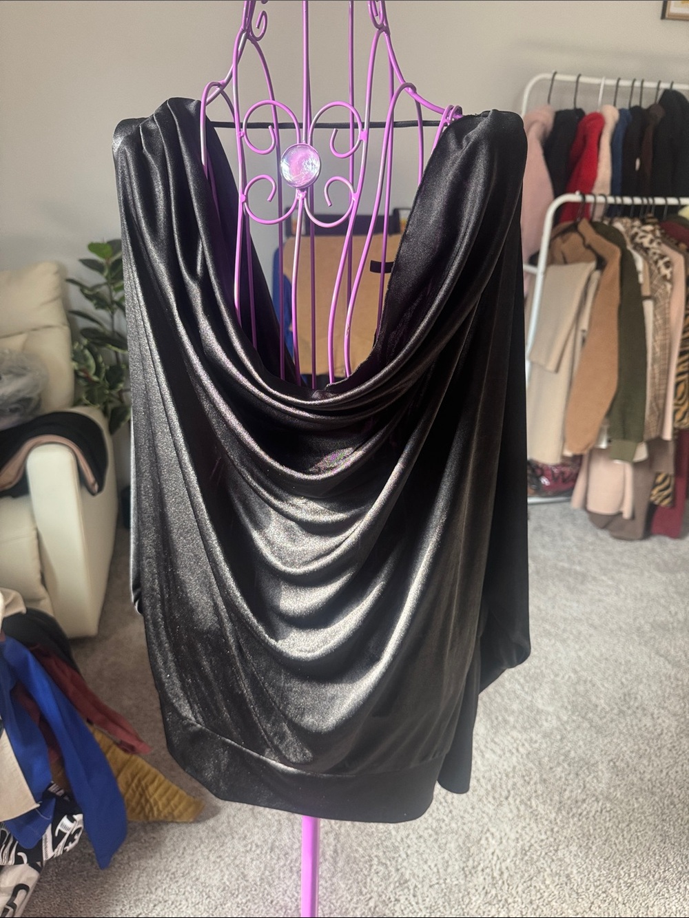 BCBG Maxazria Satin Black Draped Cowl Neck Top